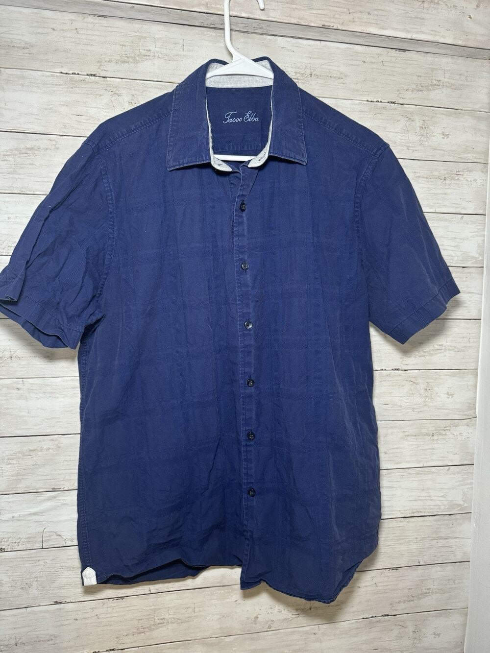 Tasso Elba Men's Blue Button Down Shirt Large, Collared, Short Sleeve 100 Cotton